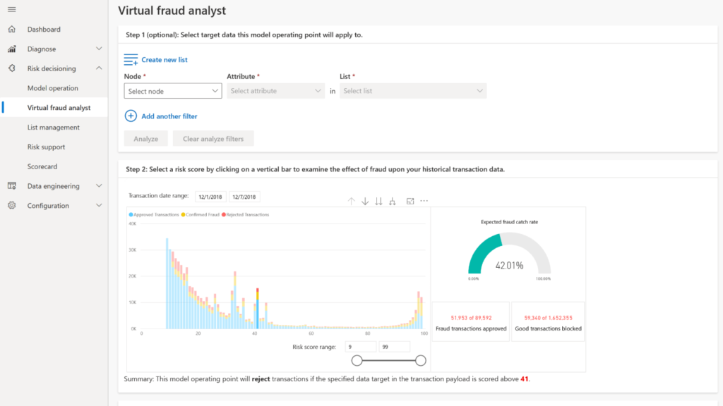 Captura de pantalla de la interfaz de Dynamics 365 Fraud Protection