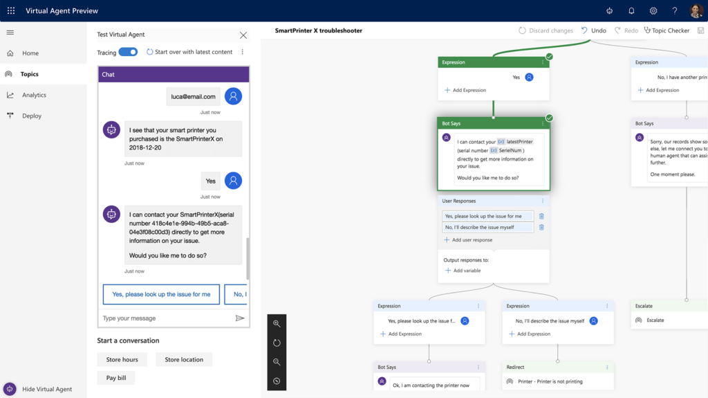 Captura de pantalla de la interfaz de Dynamics 365 Virtual Agent for Customer Service