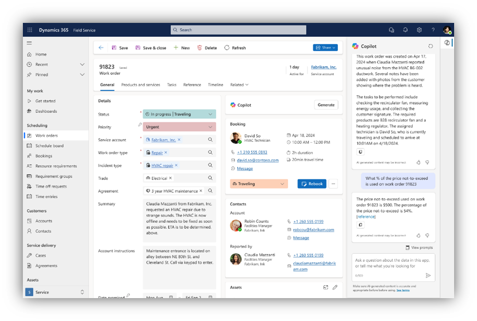 Panel de Dynamics 365 Field Service con Copilot